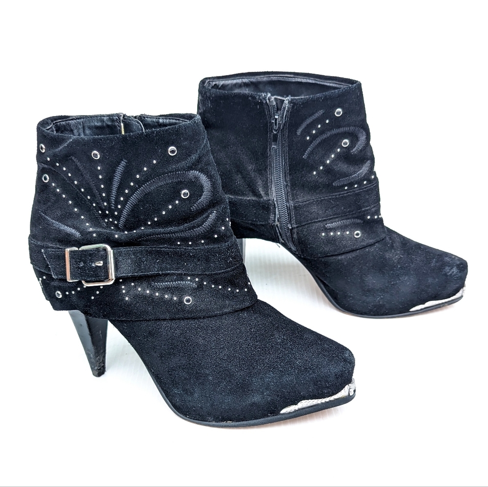 MIRANDA Miranda Lambart jeweled embroidered black suede heeled ankle booties